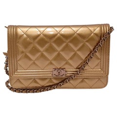 Chanel Metallic Patent Calfskin Quilted Boy Wallet On Chain