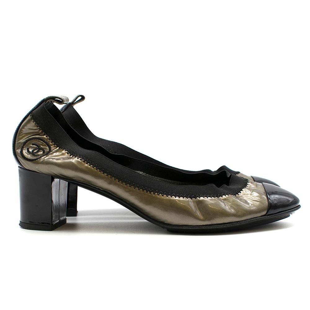 Black Chanel Metallic Patent Elastic Low Heel Pumps - Size 39 For Sale