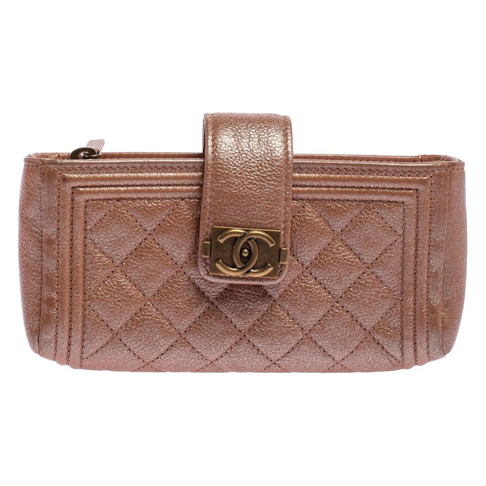Chanel Metallic Peach Quilted Leather Boy Phone Pouch
