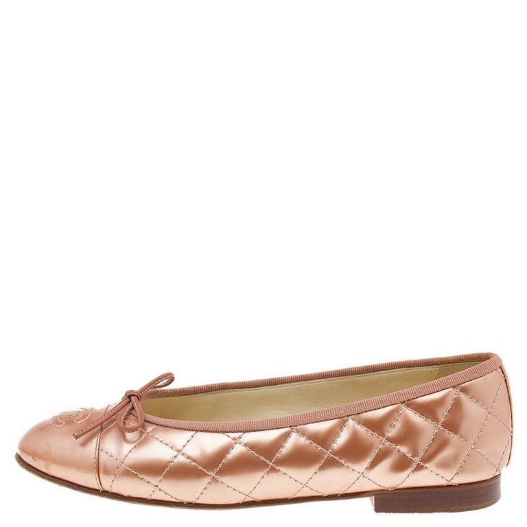 Chanel Metallic Peach Quilted Patent Leather CC Cap Toe Bow Ballet Flats  Size 37