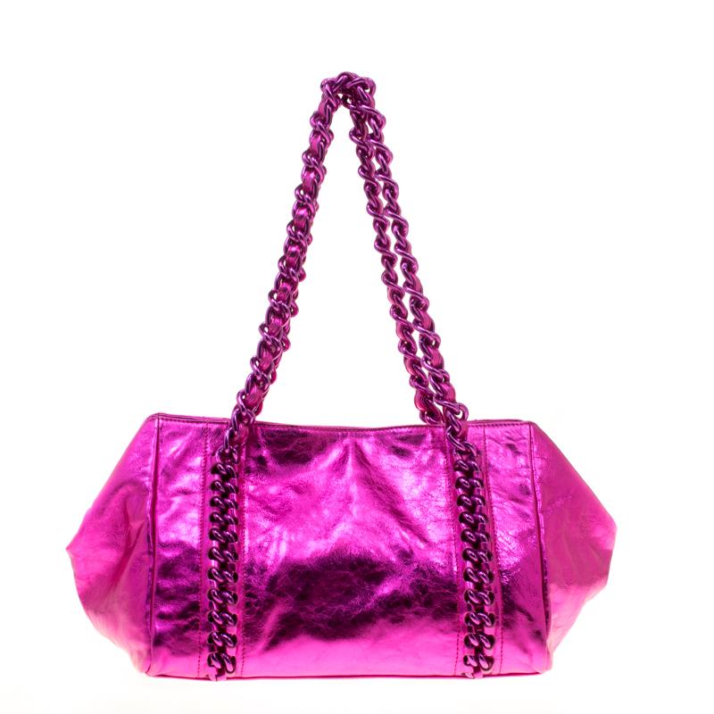 Women's Chanel Metallic Pink Leather Modern Chain East West Tote