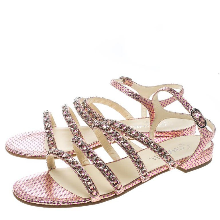 Chanel Metallic Pink Polka Dot Print Leather Chain Detail Ankle Strap ...
