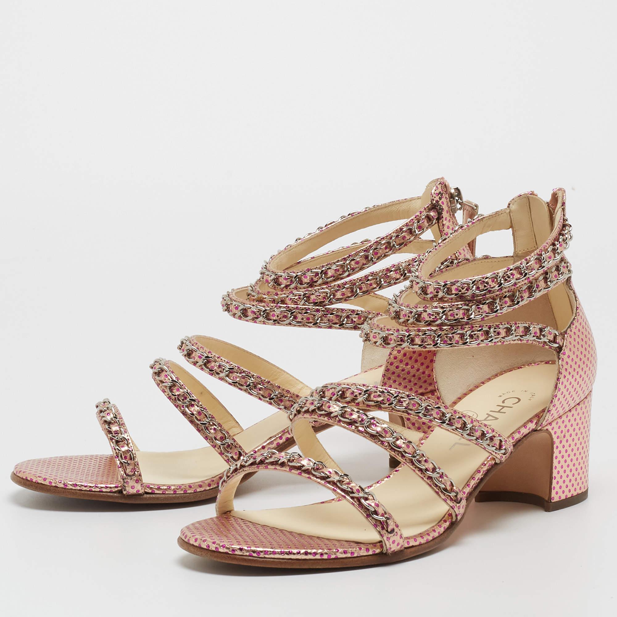 Women's Chanel Metallic Pink Textured Leather Chan Detail Block Heel Strappy Sandals Siz