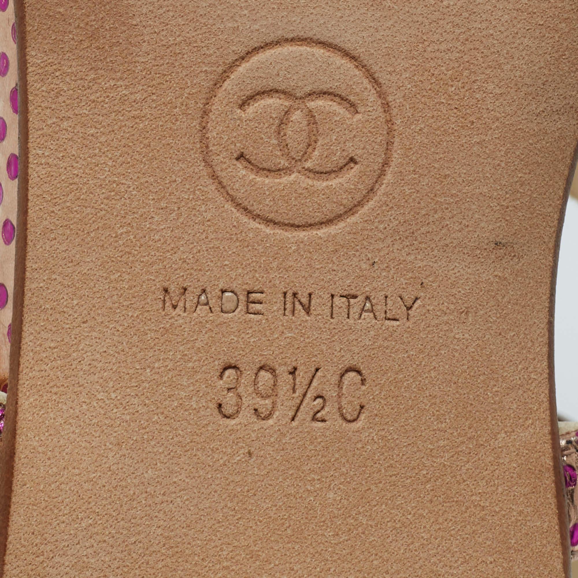 Chanel Metallic Pink Textured Leather Chan Detail Block Heel Strappy Sandals Siz 2