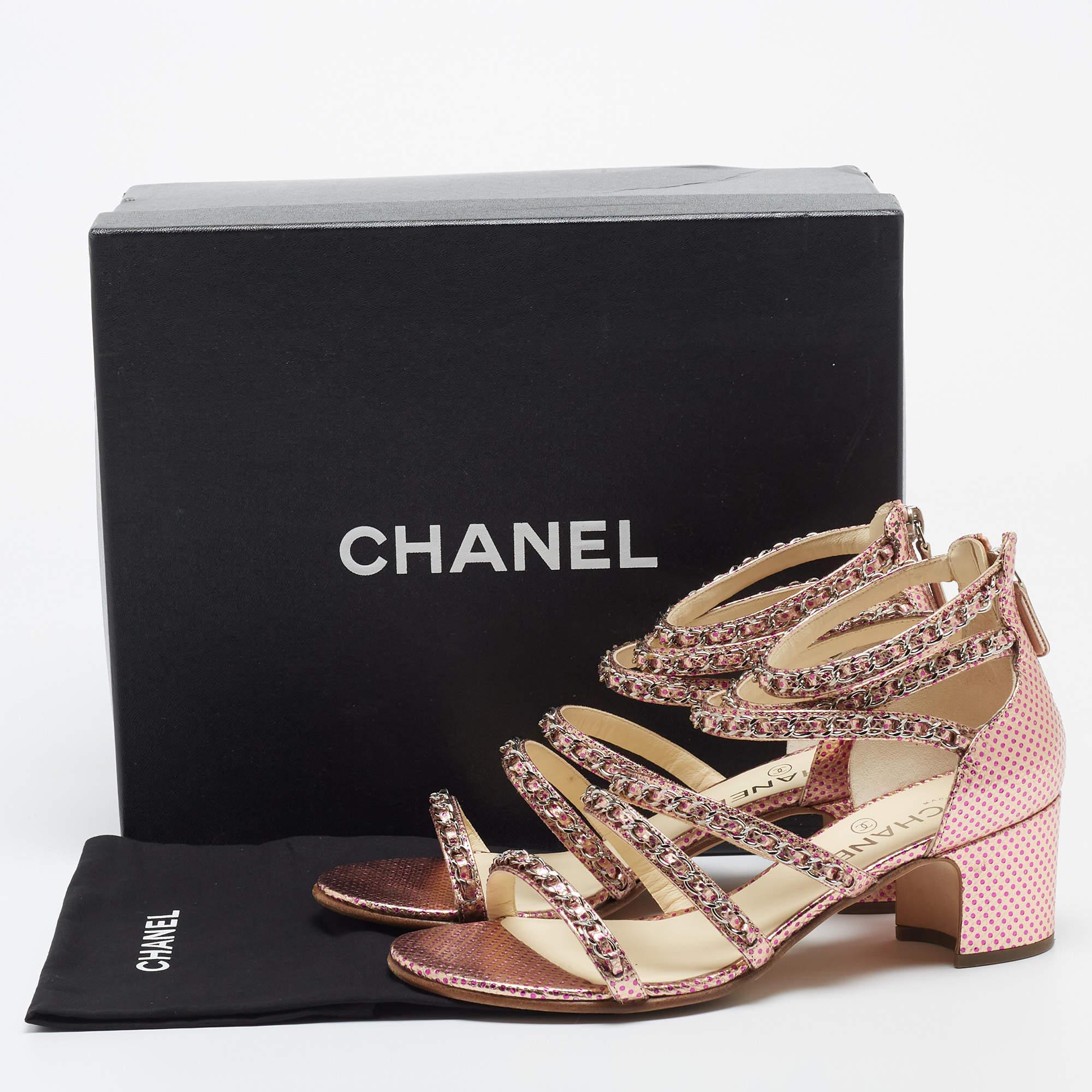 Chanel Metallic Pink Textured Leather Chan Detail Block Heel Strappy Sandals Siz 4