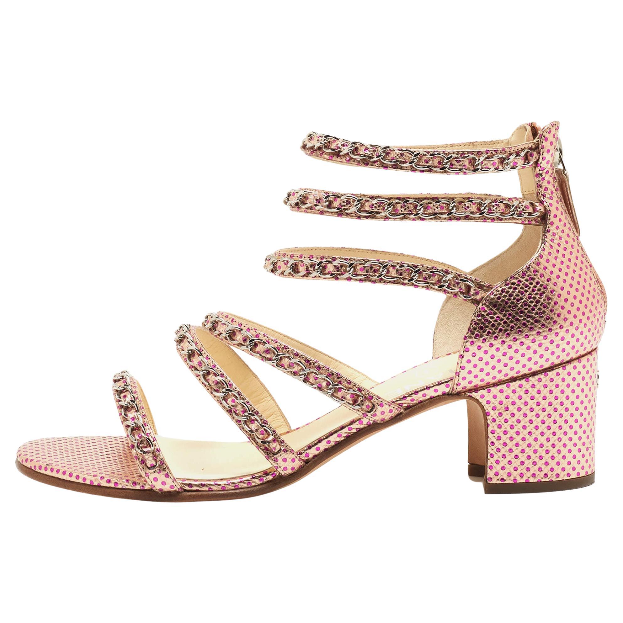 Chanel Metallic Pink Textured Leather Chan Detail Block Heel Strappy Sandals Siz