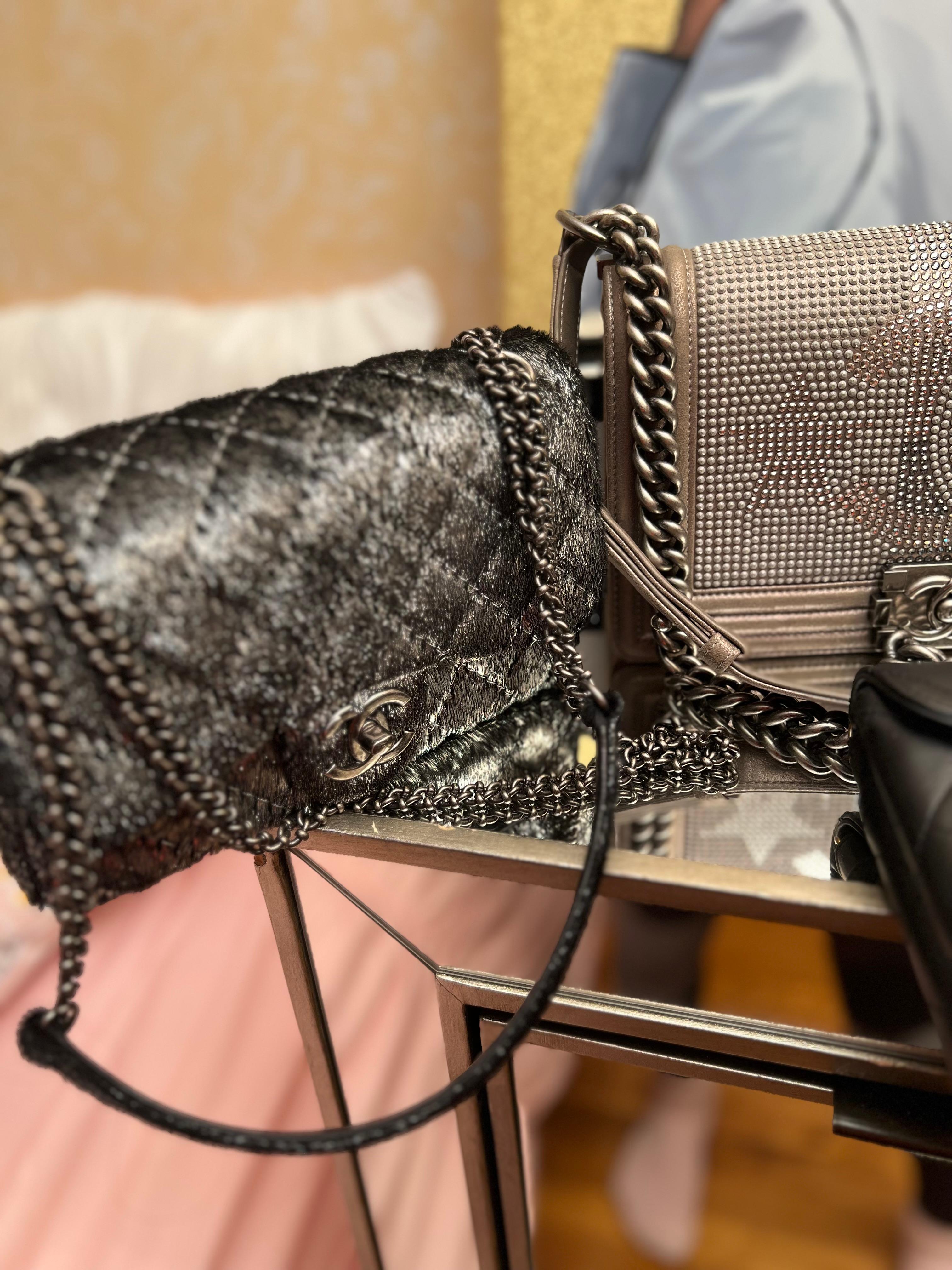 Chanel Metallic Pony Hair Quilted Flap Bag in Dark Silver Color For Sale 5