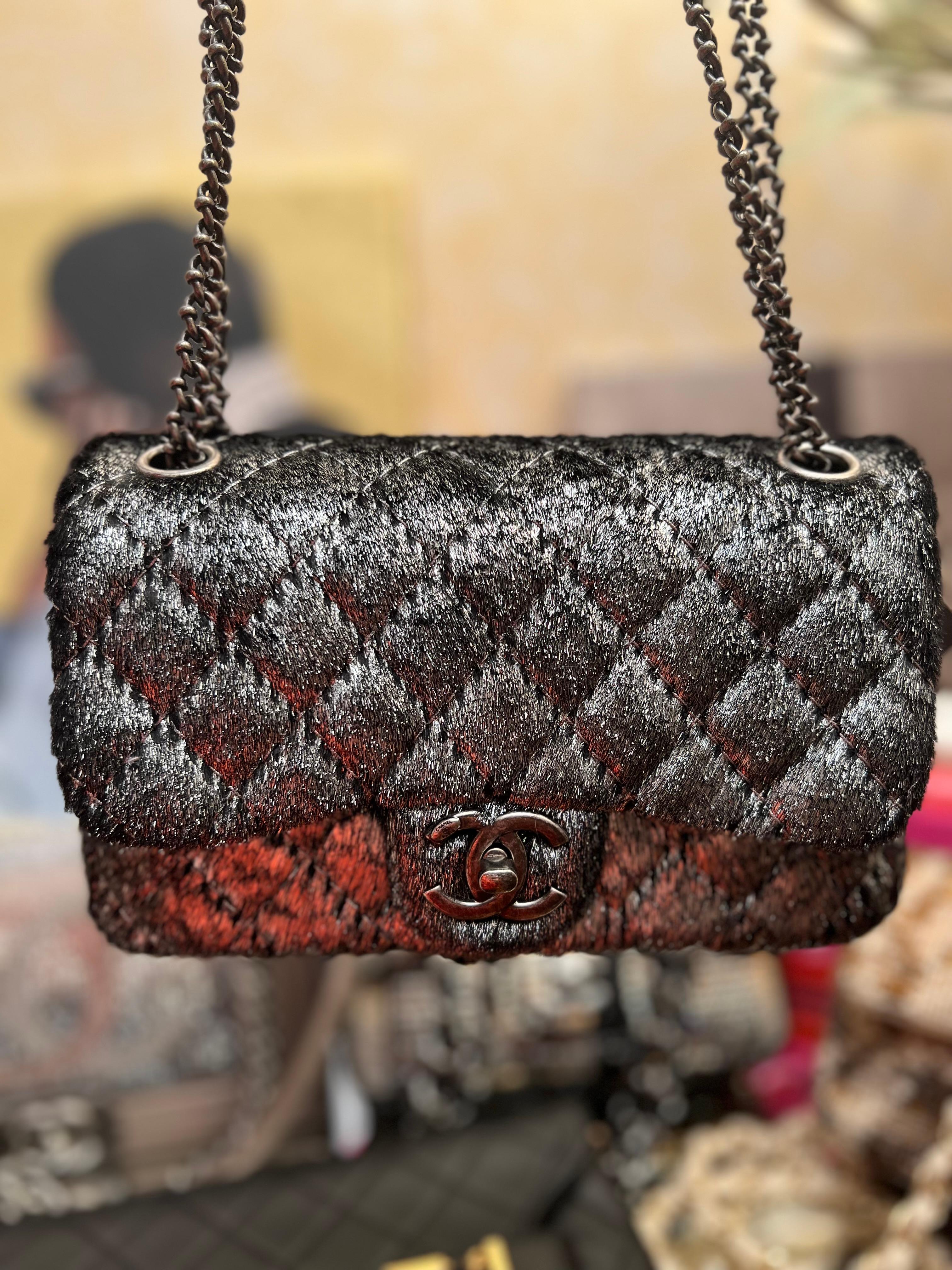 Chanel Metallic Pony Hair Quilted Flap Bag in Dark Silver Color For Sale 7