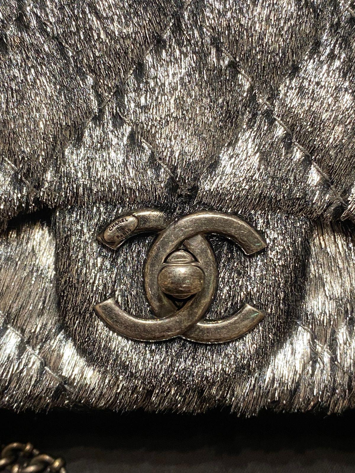 Black Chanel Metallic Pony Hair Quilted Flap Bag in Dark Silver Color For Sale