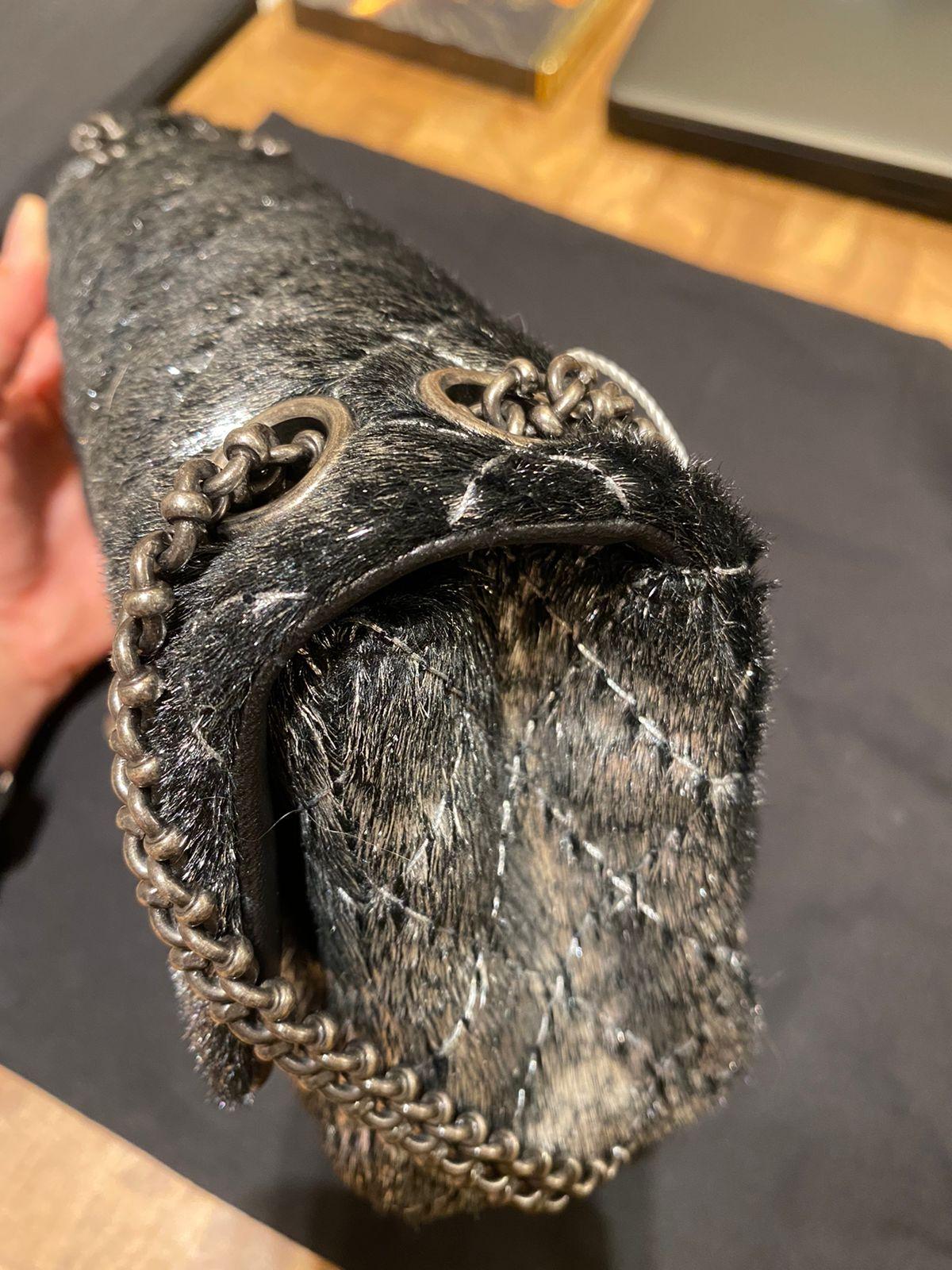 Chanel Metallic Pony Hair Quilted Flap Bag in Dark Silver Color In Excellent Condition For Sale In New York, NY