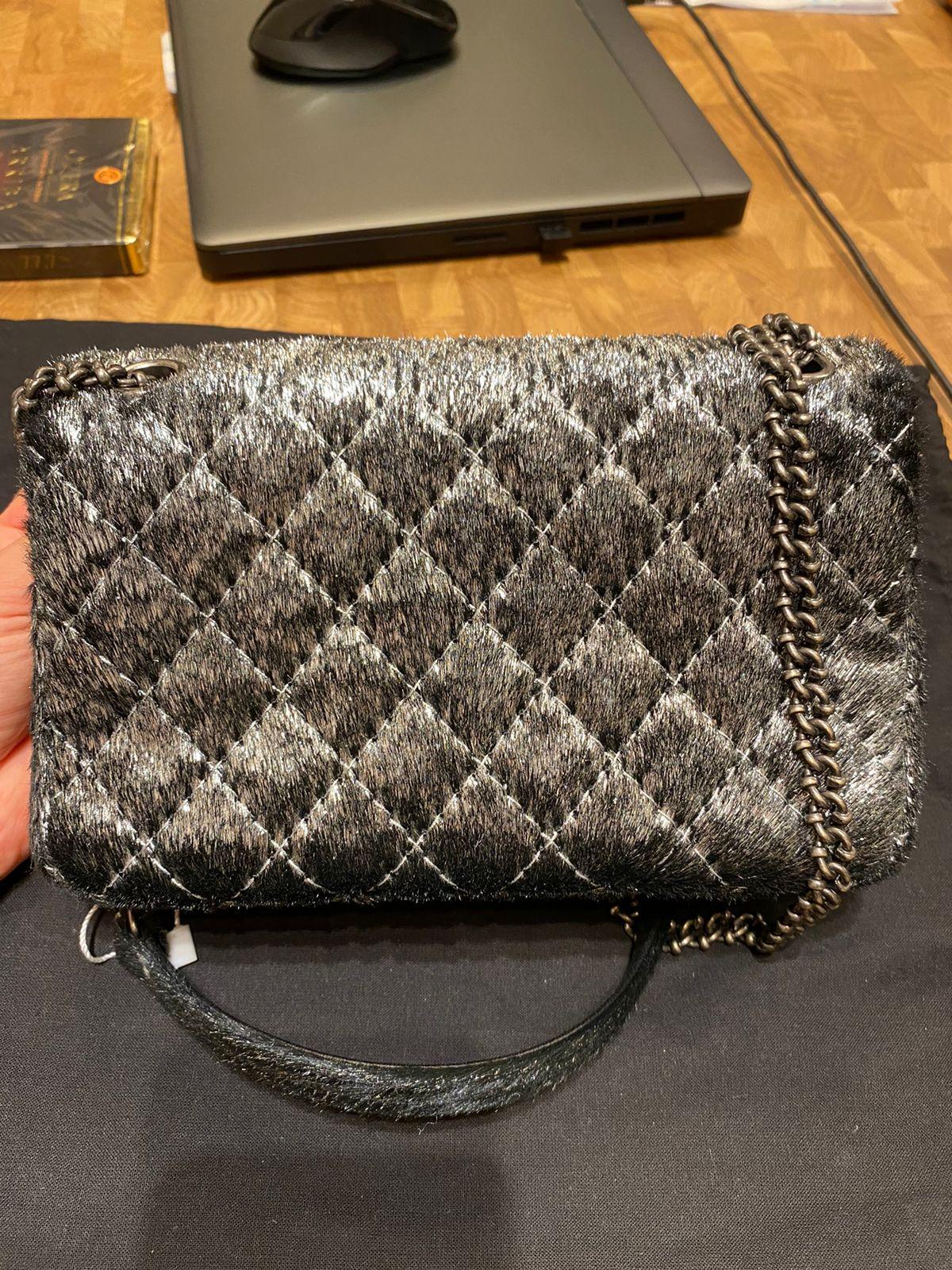 Chanel Metallic Pony Hair Quilted Flap Bag in Dark Silver Color For Sale 3