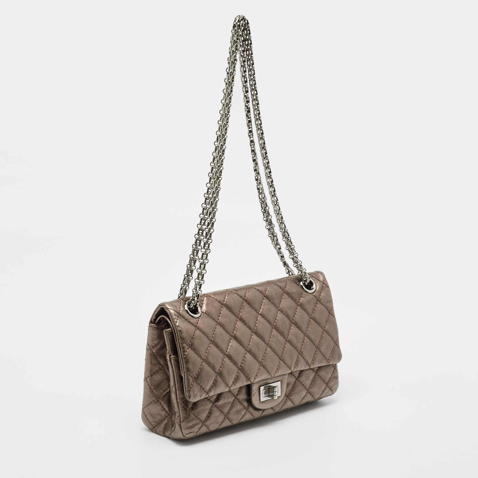 Gray Chanel Metallic Quilted Aged Leather Reissue 2.55 Classic 225 Flap Bag For Sale