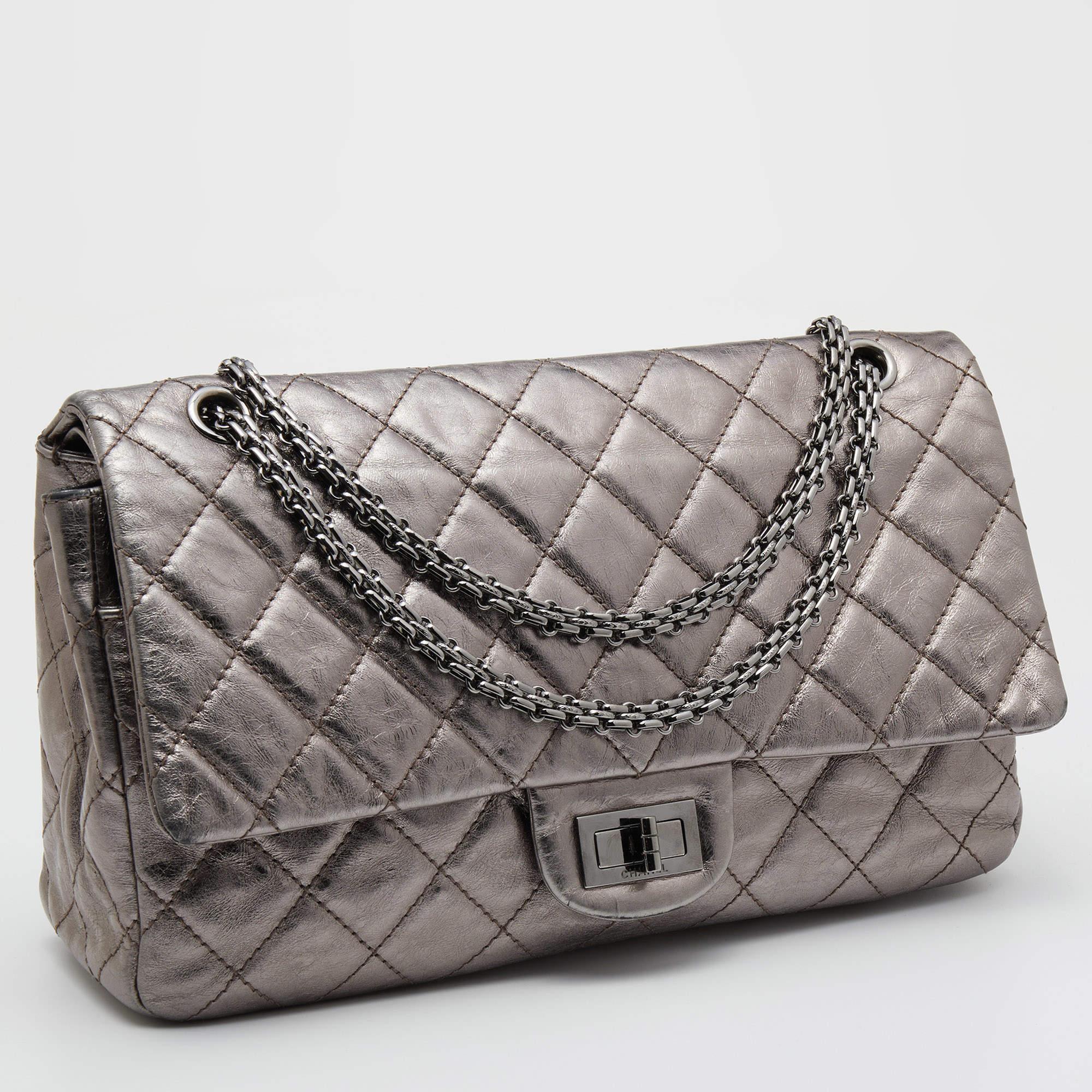 Gray Chanel Metallic Quilted Aged Leather Reissue 2.55 Classic 227 Flap Bag