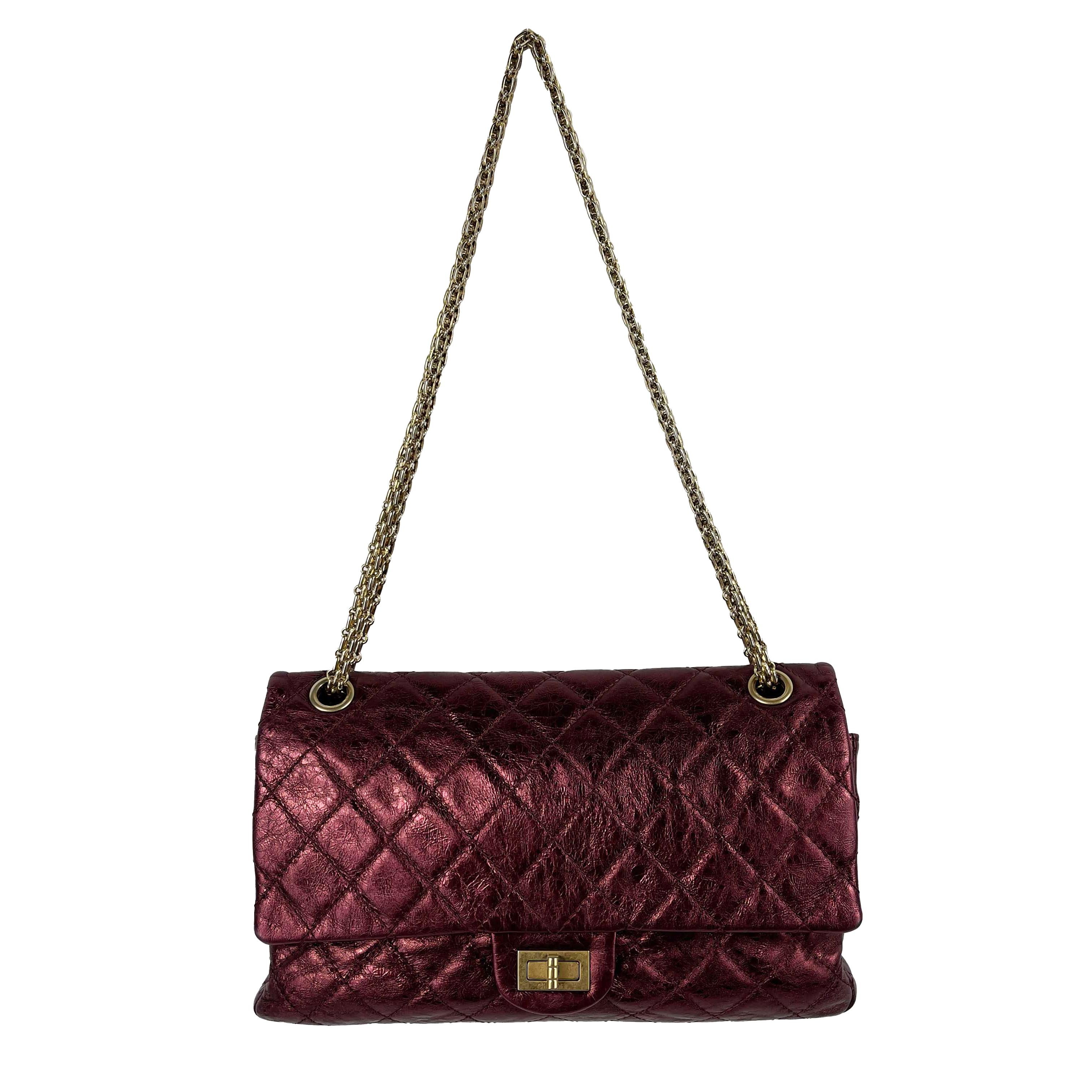Chanel Metallic Quilted Calfskin 2.55 Reissue 227 Double Flap Maroon For Sale 2