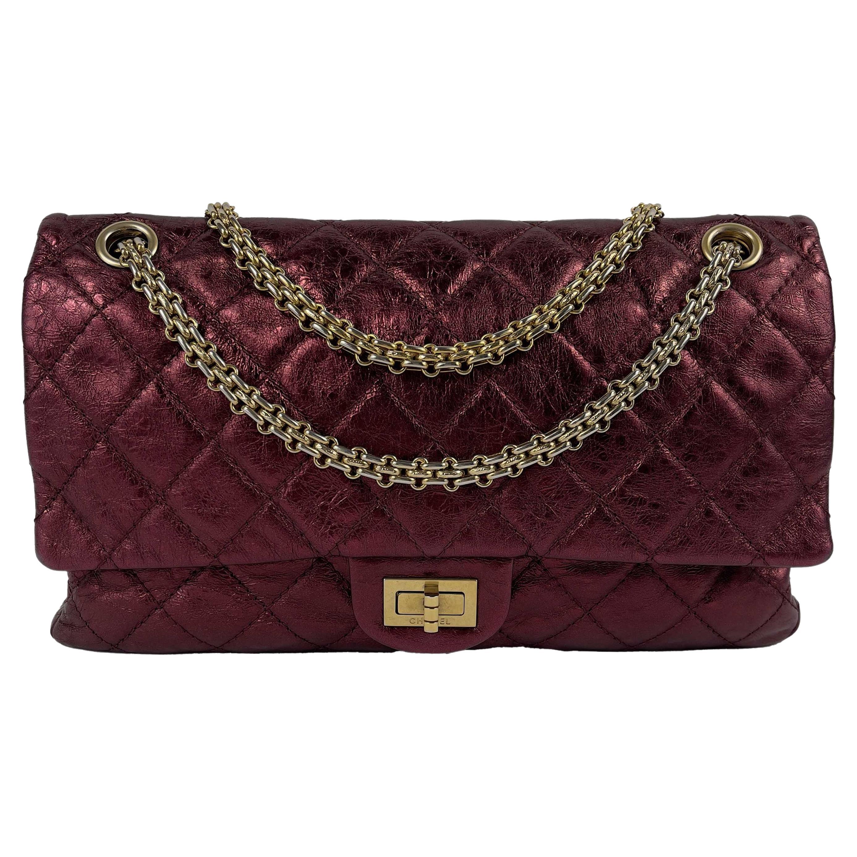 Chanel Metallic Quilted Calfskin 2.55 Reissue 227 Double Flap Maroon For Sale