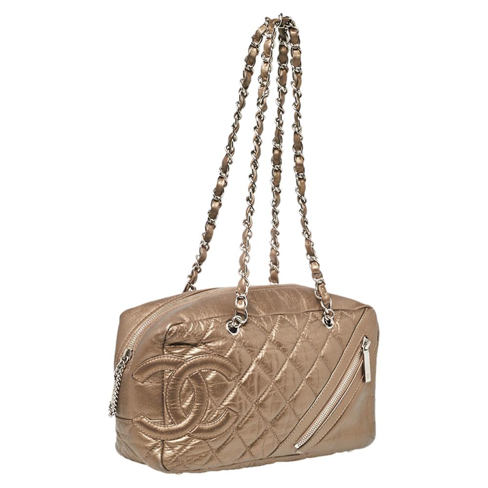 Brown Chanel Metallic Quilted Leather Cambon Chain Bowler Bag
