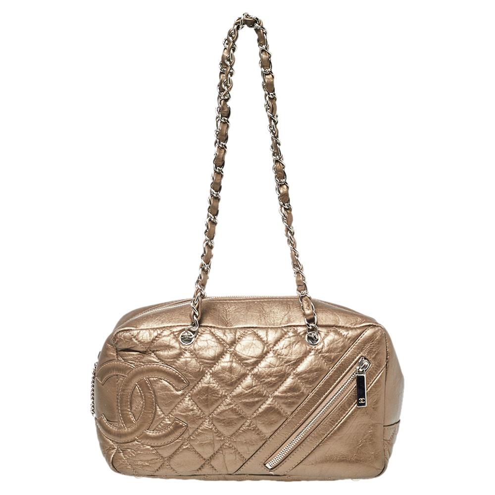 Chanel Metallic Quilted Leather Cambon Chain Bowler Bag