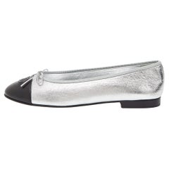 Chanel Metallic Silver/Black Leather CC Bow Cap Toe Ballet Flats 
