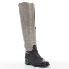 CHANEL metallic silver black leather colorblocked CC pull on tall boots EU35.5