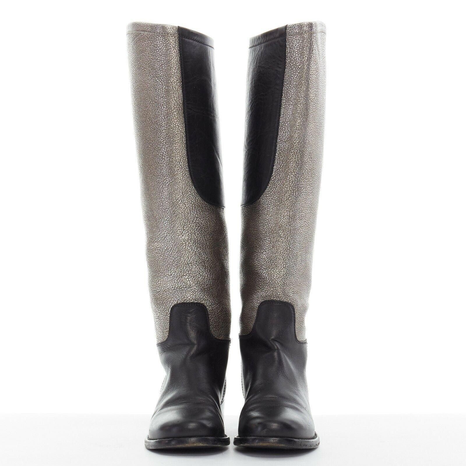 Gray CHANEL metallic silver black leather colorblocked CC pull on tall boots EU35.5