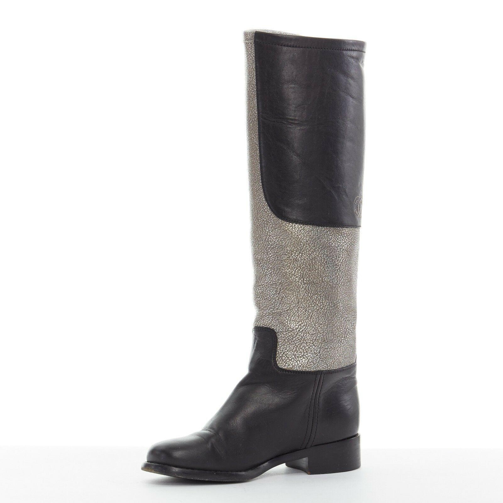 CHANEL metallic silver black leather colorblocked CC pull on tall boots EU35.5 In Good Condition In Hong Kong, NT