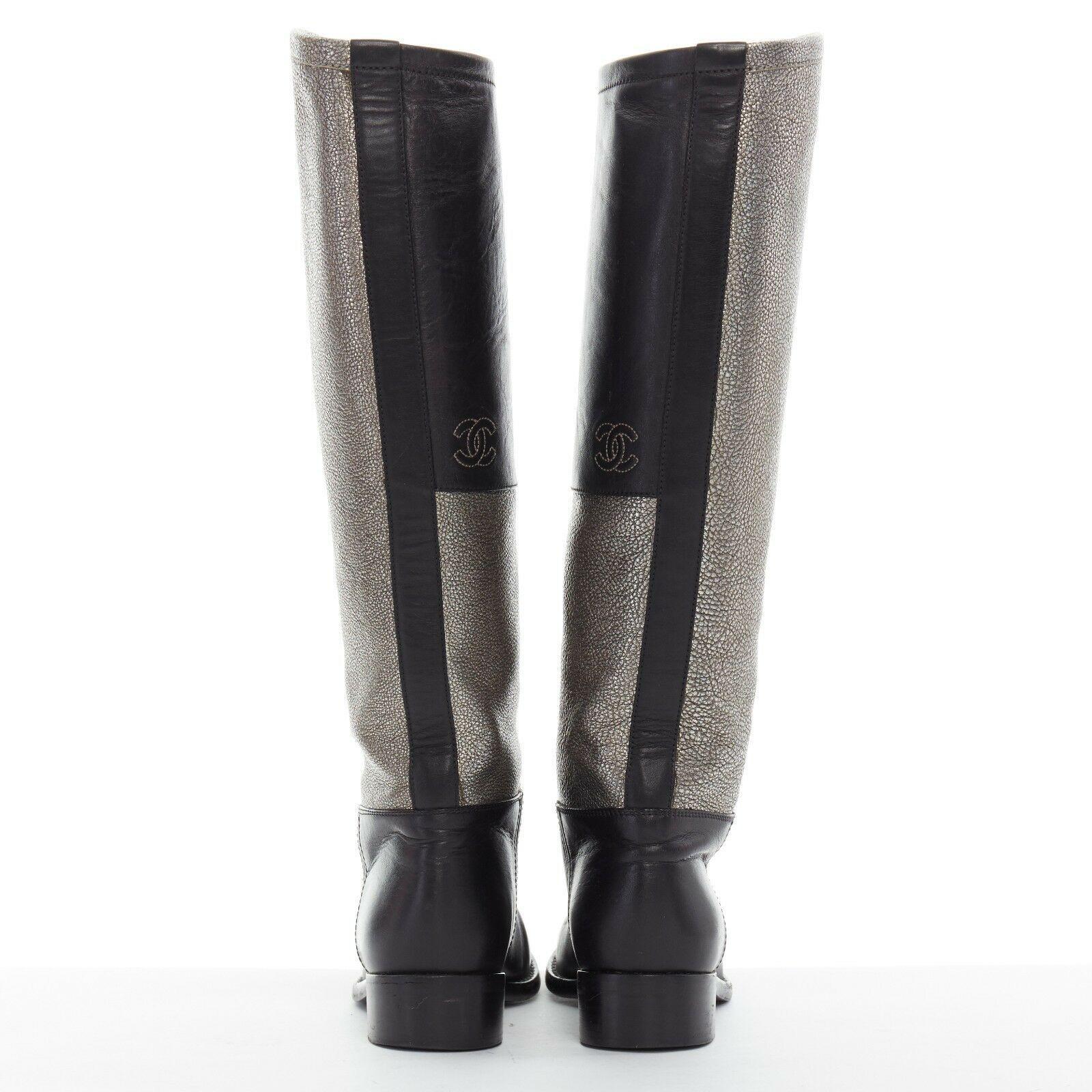 Women's CHANEL metallic silver black leather colorblocked CC pull on tall boots EU35.5