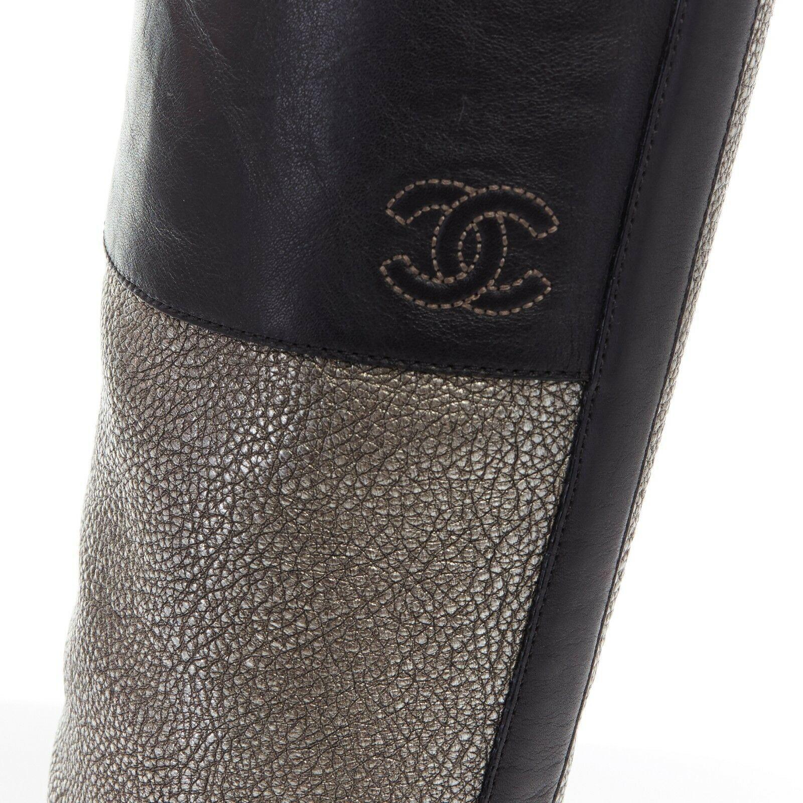 CHANEL metallic silver black leather colorblocked CC pull on tall boots EU35.5 3