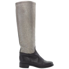 CHANEL metallic silver black leather colorblocked CC pull on tall boots EU35.5