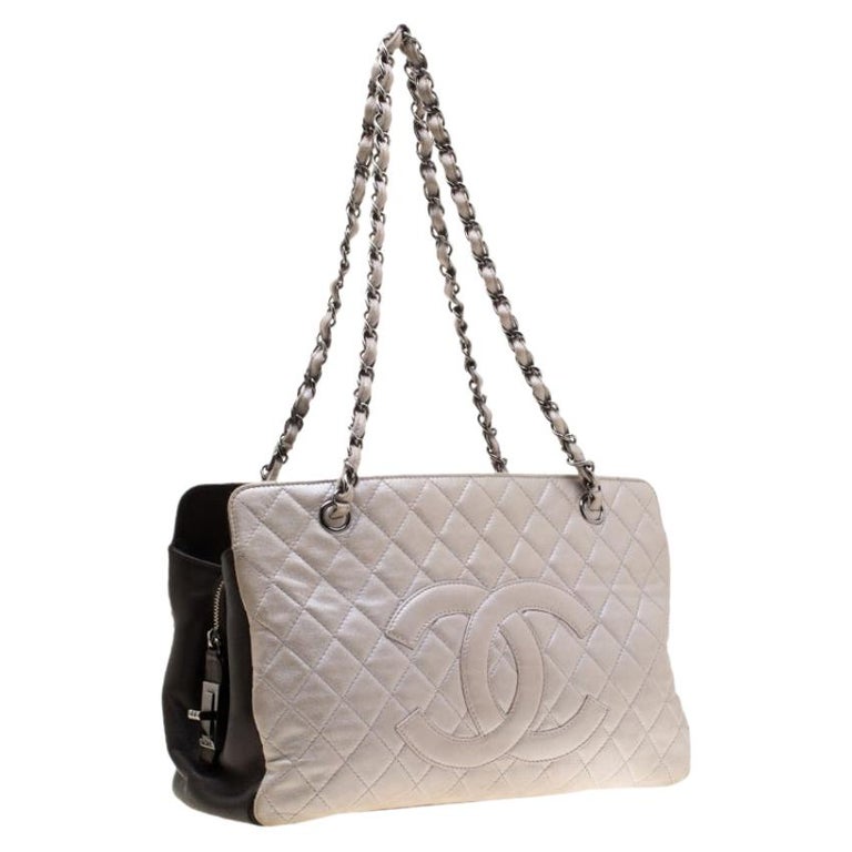 Chanel Metallic Silver/Brown Quilted Leather CC Logo Zip Shoulder Bag ...