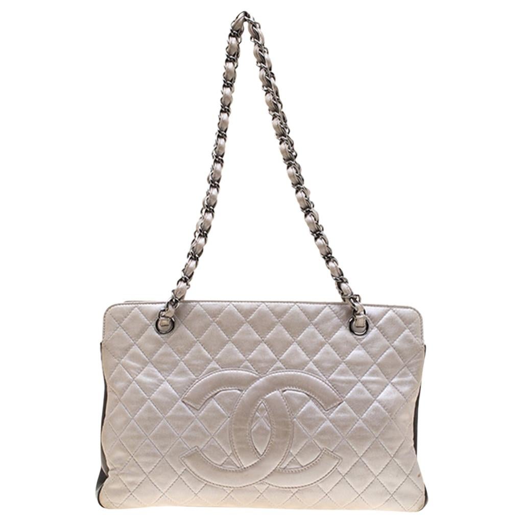 Chanel Metallic Silver/Brown Quilted Leather CC Logo Zip Shoulder Bag