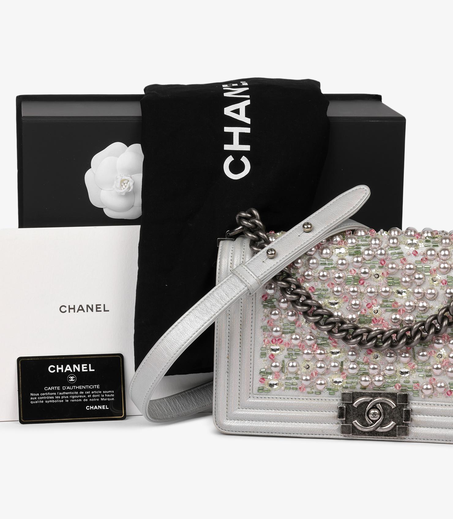 Chanel Metallic Silver Calfskin Leather & Silver Pearl Medium Le Boy Bag 9