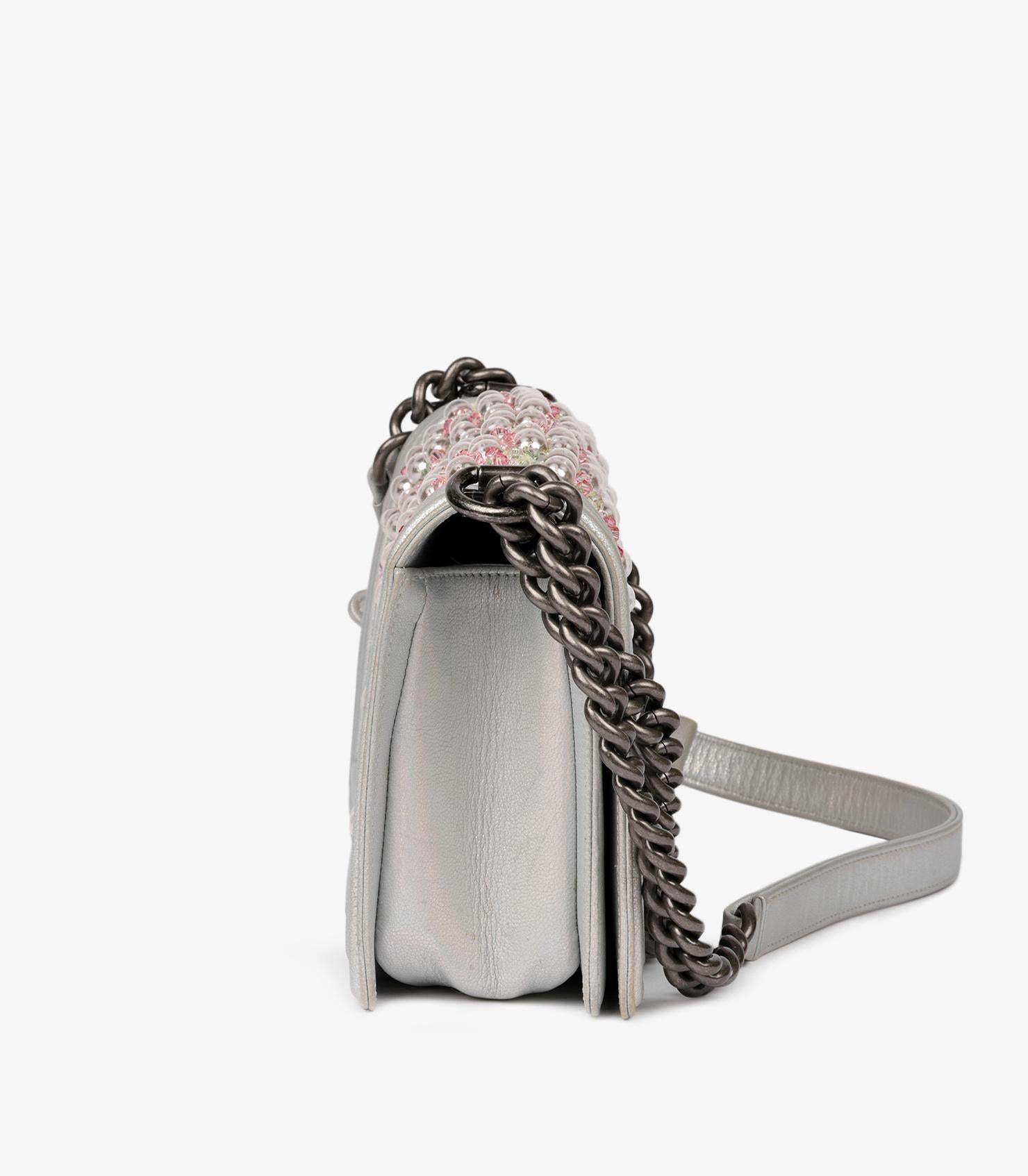 Chanel Metallic Silver Calfskin Leather & Silver Pearl Medium Le Boy Bag 3