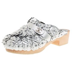 Chanel Metallic Silver Camellia Embellished CC Lock Wooden Clogs Size 39.5