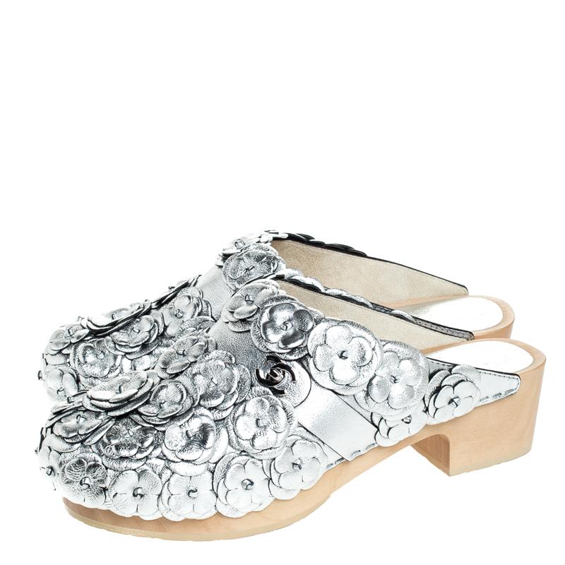 Chanel Metallic Silver Camellia Embellished CC Lock Wooden Clogs Size 40.5 1