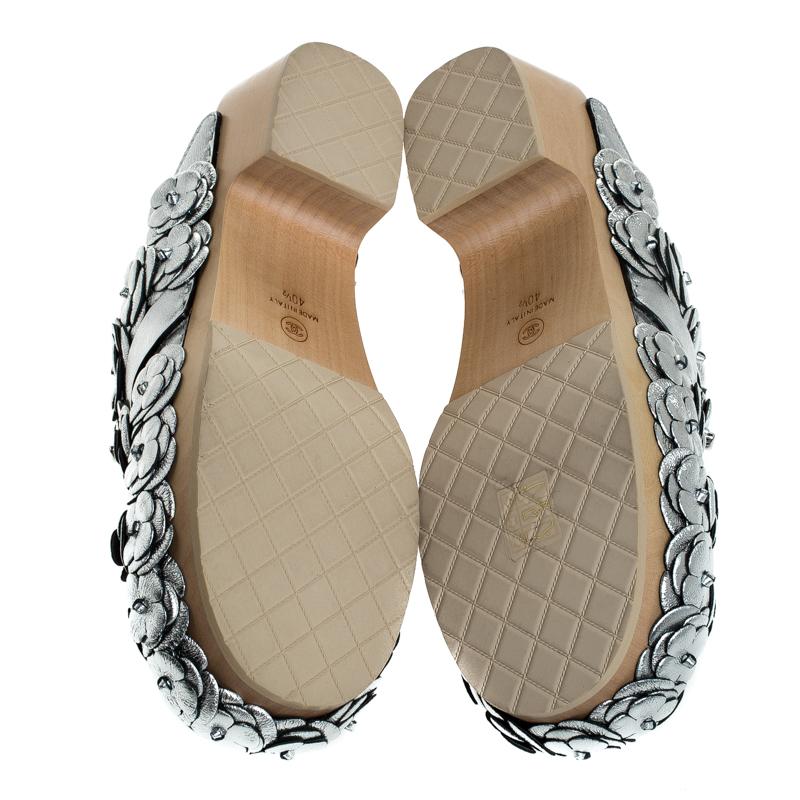 Women's Chanel Metallic Silver Camellia Embellished CC Lock Wooden Clogs Size 40.5