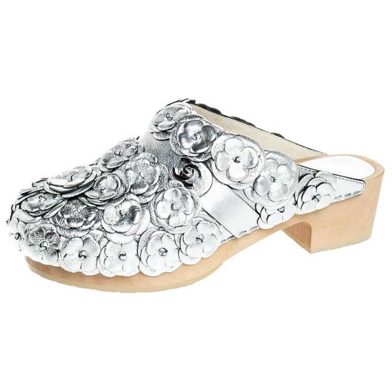 Chanel Silver Leather Camellia Embellished CC Lock Wooden Clogs