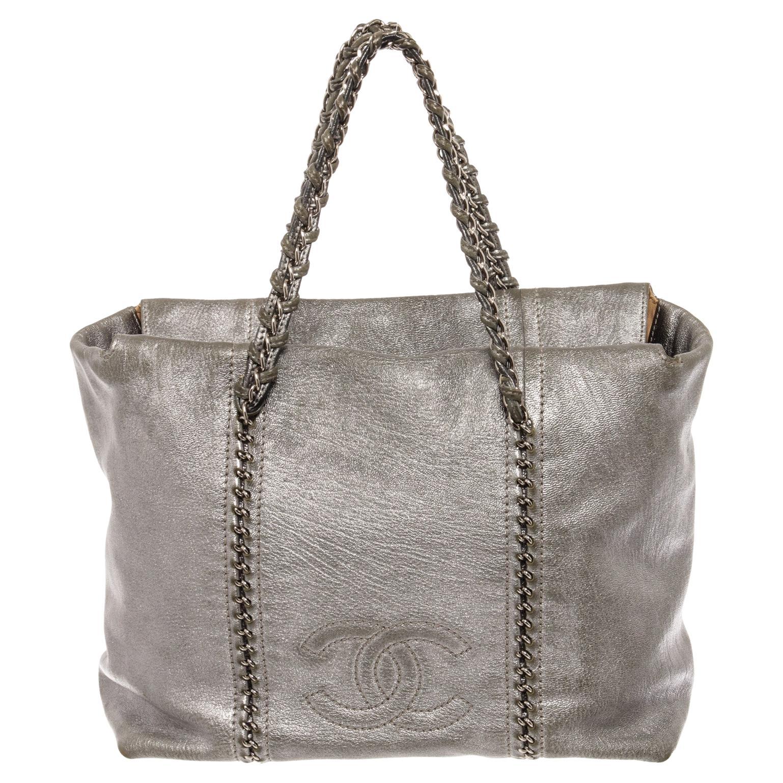 Chanel Metallic Silver CC Chain Tote Bag