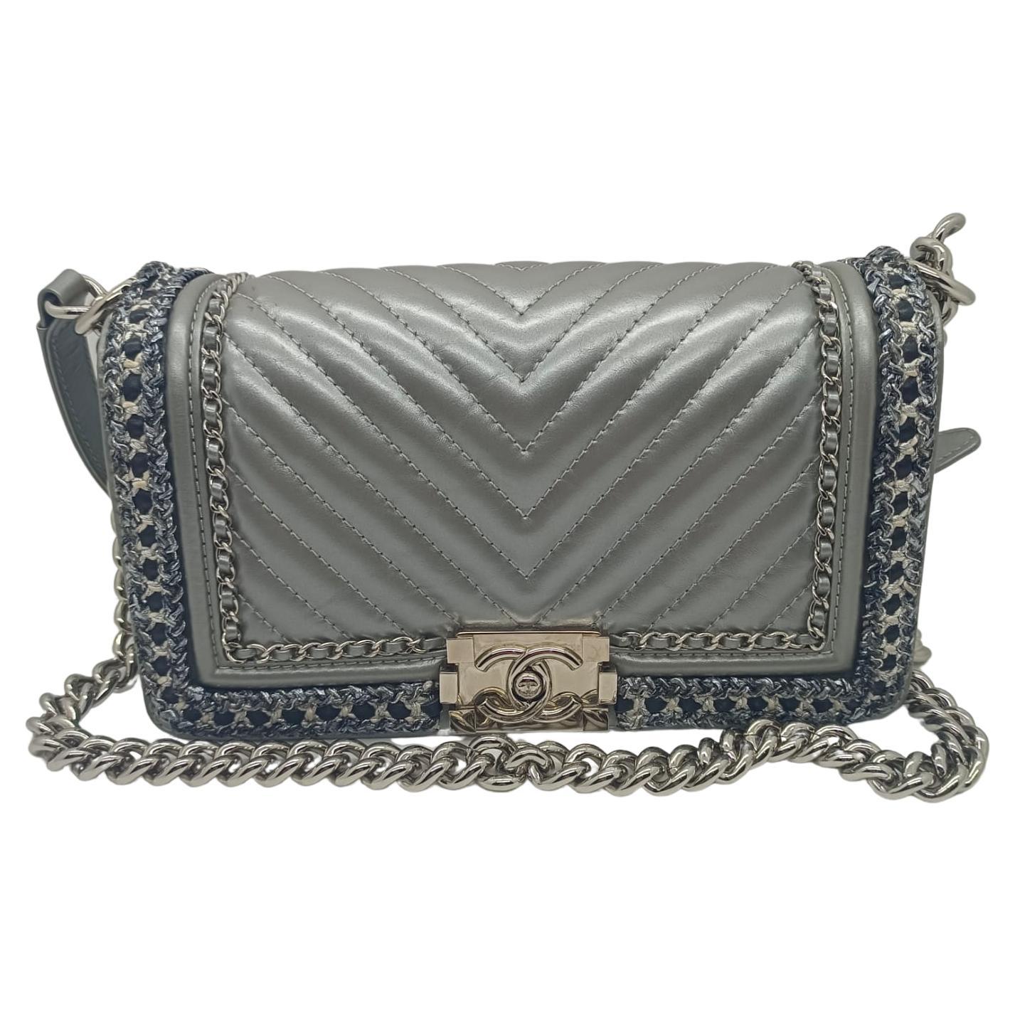 Chanel Metallic Silver Chevron Quilted and Chain Trimmed Old Medium Boy Bag For Sale