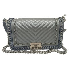 Chanel Metallic Silver Chevron Quilted and Chain Trimmed Old Medium Boy Bag
