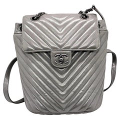 Chanel Metallic Silver Chevron Quilted Calfskin Small Urban Spirit Backpack