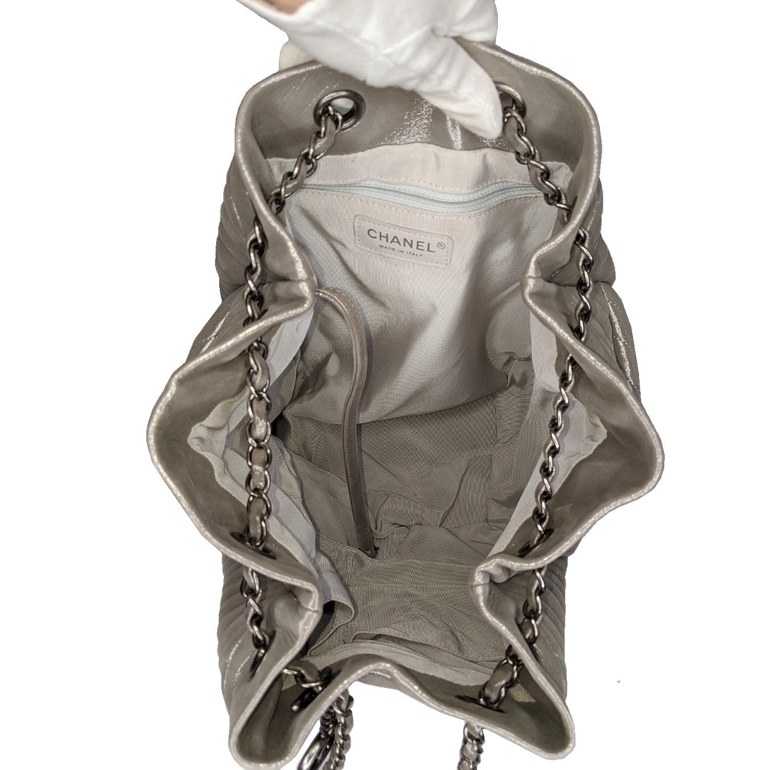 Women's Chanel Metallic Silver Chevron Urban Spirit Large Drawstring Bag