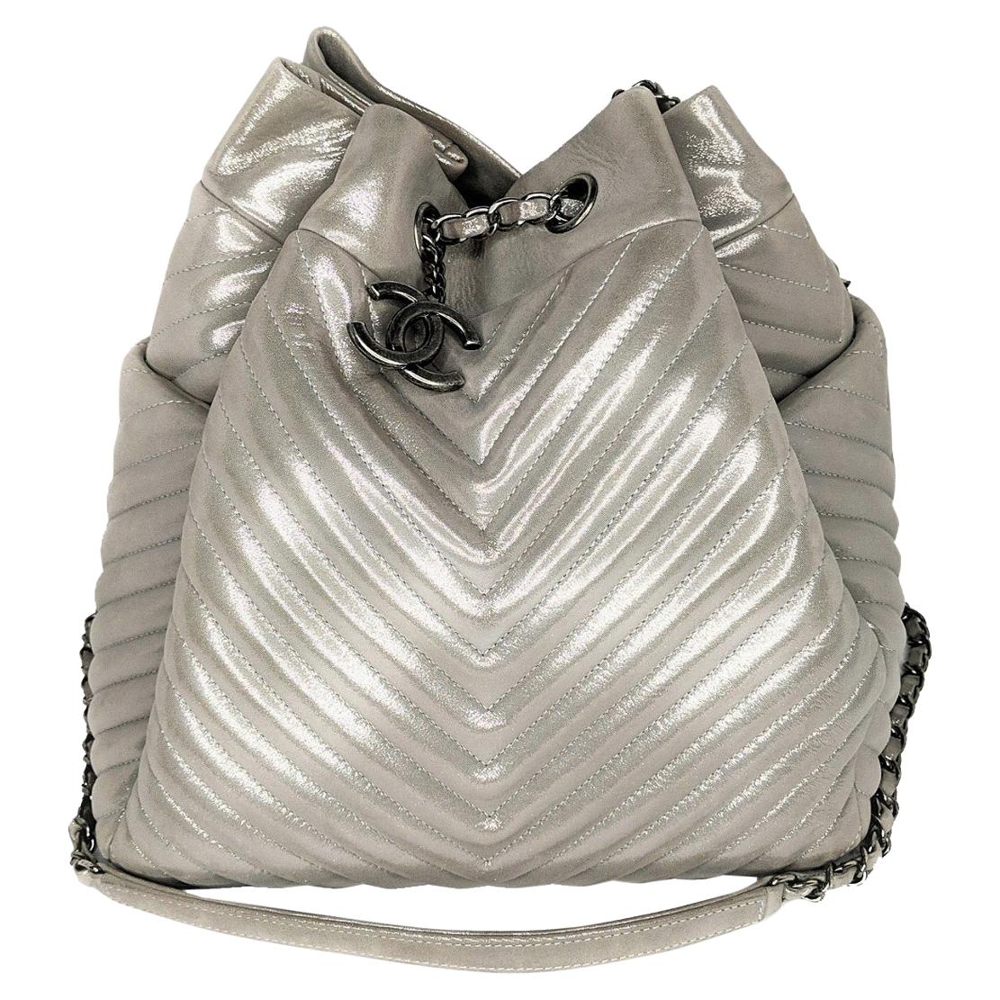 Chanel Metallic Silver Chevron Urban Spirit Large Drawstring Bag at 1stDibs