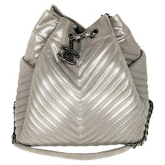 Chanel Metallic Silver Chevron Urban Spirit Large Drawstring Bag