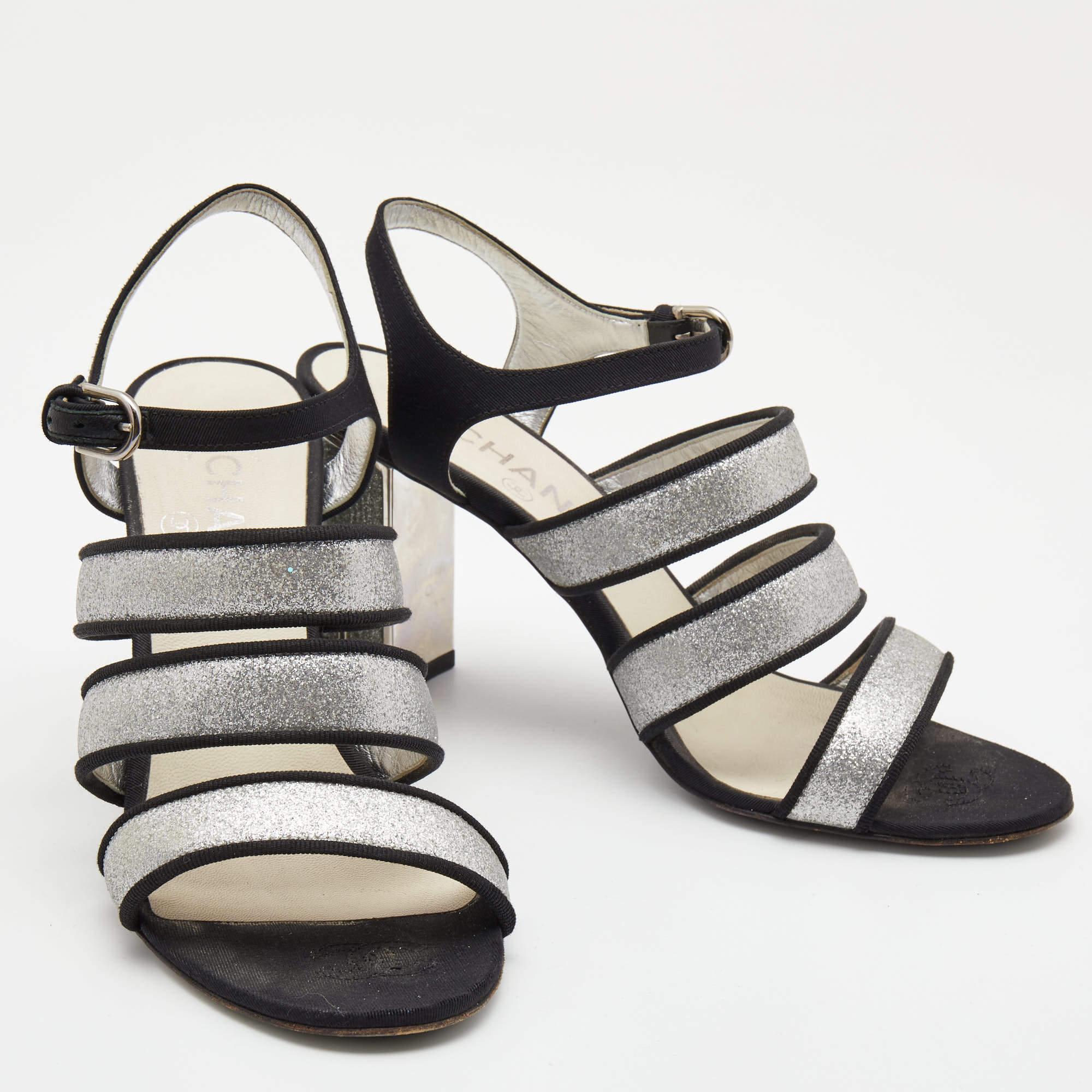 Chanel Metallic Silver Glitter And Canvas CC Block Heel Strappy Sandals Size 38. 1