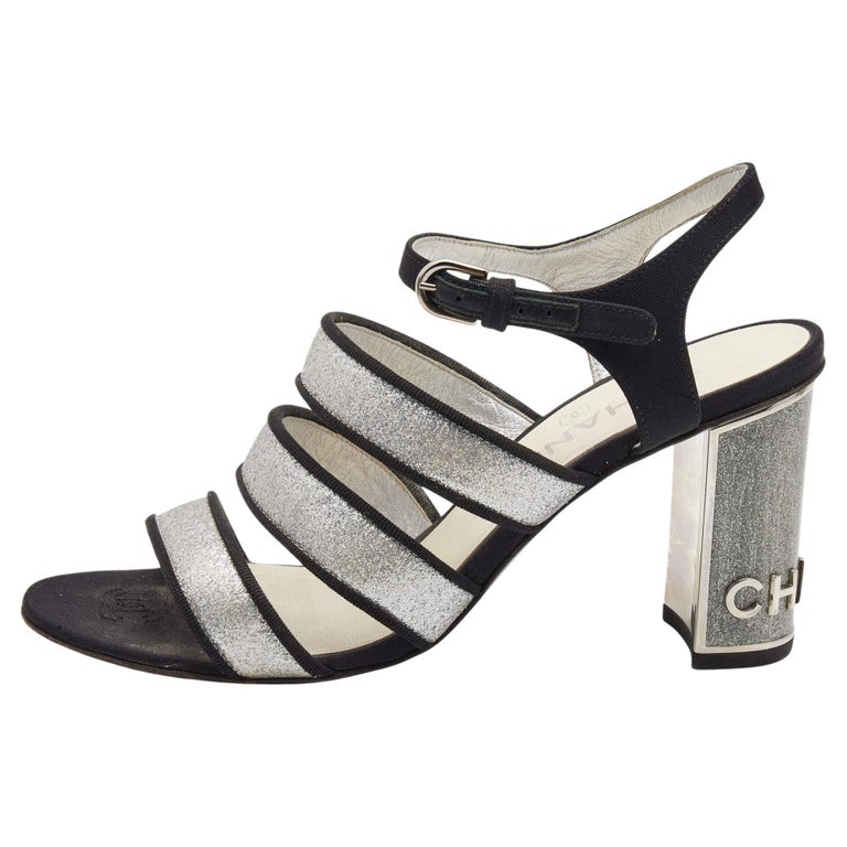 Chanel Metallic Silver Glitter And Canvas CC Block Heel Strappy Sandals  Size 38. at 1stDibs