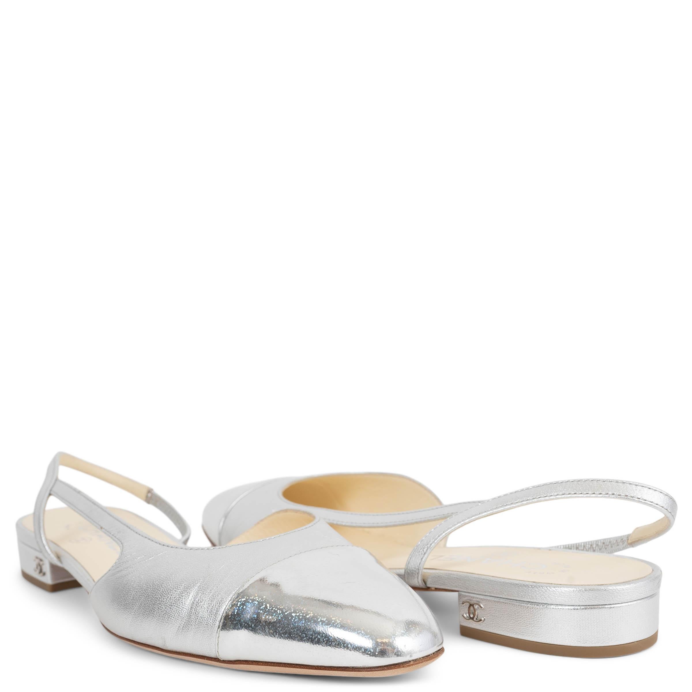 CHANEL metallic silber & irisierend 22C LEATHER SLINGBACK Flats Schuhe 39 im Angebot 1