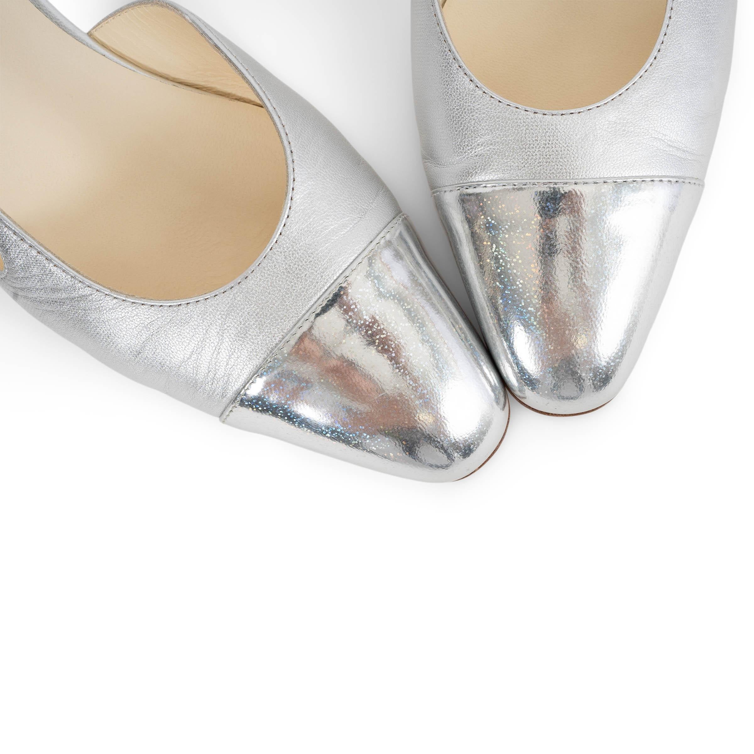 CHANEL metallic silber & irisierend 22C LEATHER SLINGBACK Flats Schuhe 39 im Angebot 3