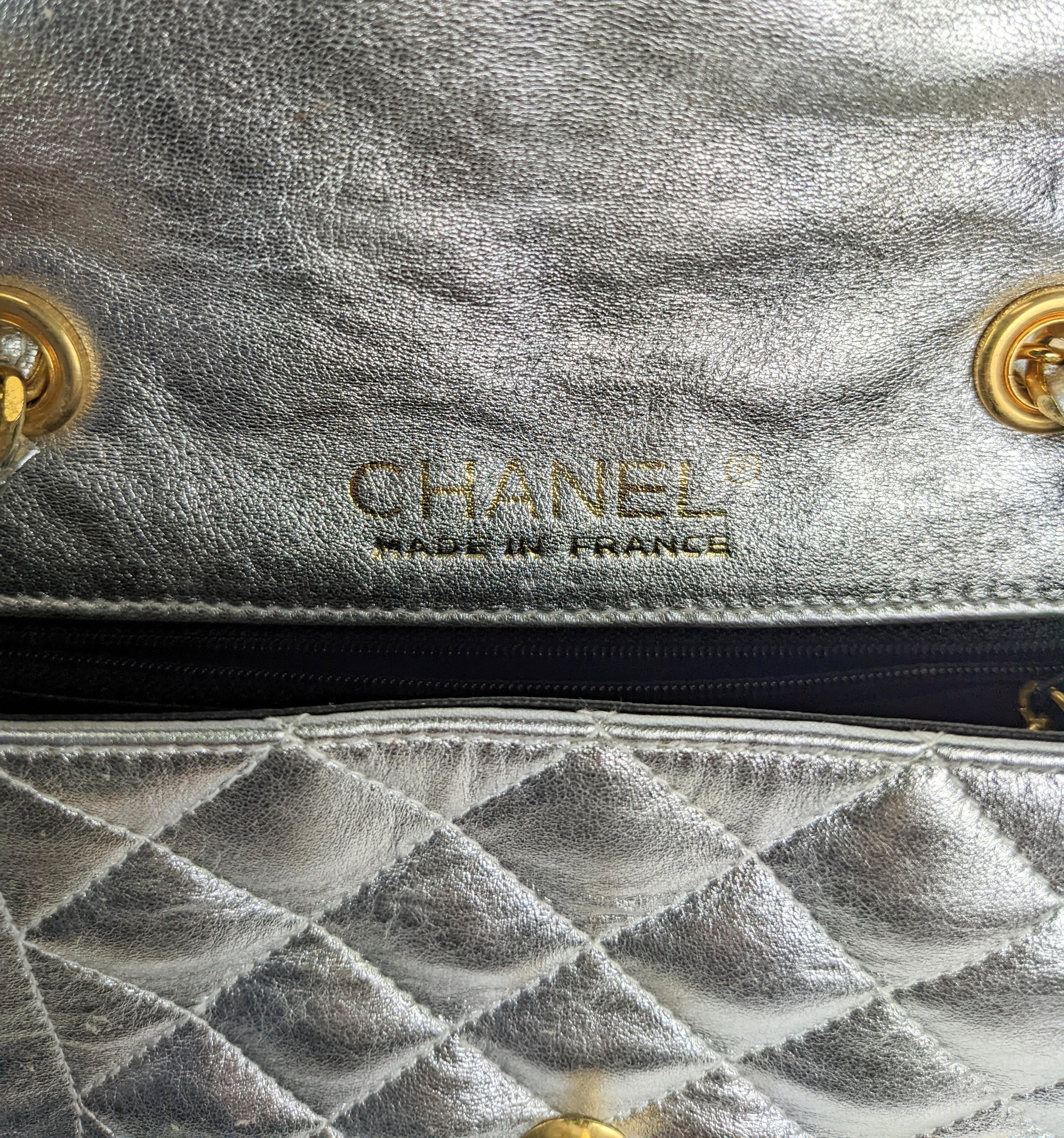 Chanel Metallic Silver Lambskin Mini For Sale 8