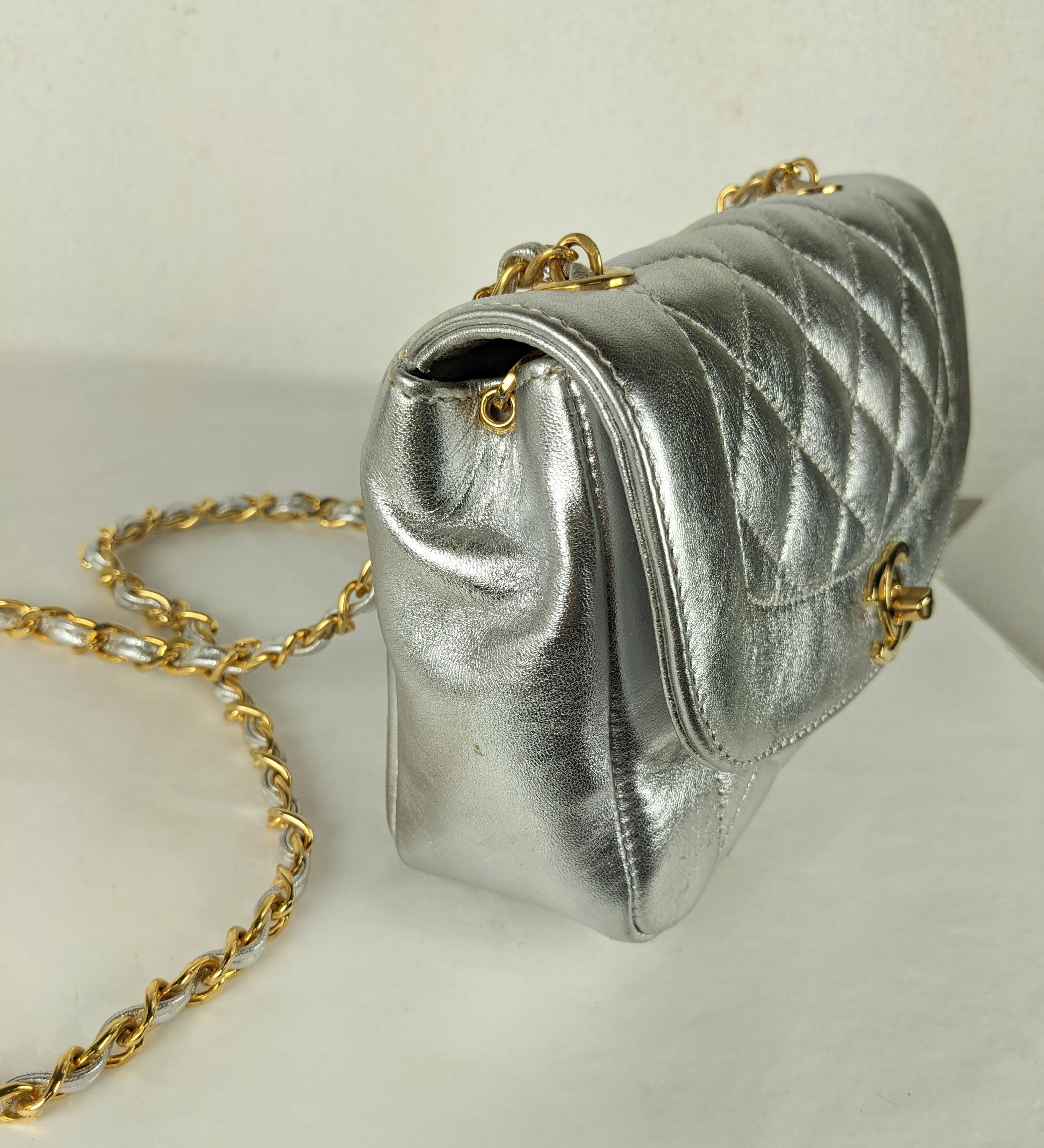 Women's or Men's Chanel Metallic Silver Lambskin Mini For Sale
