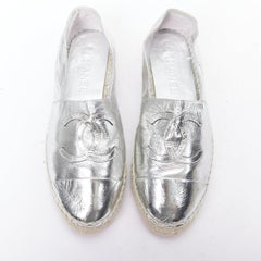 CHANEL metallic silver laminated goatskin CC logo jute espadrilles EU38
